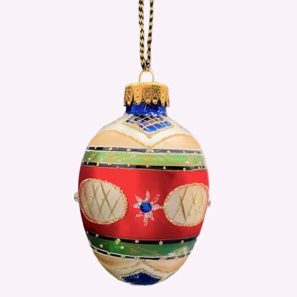Multi-Color Jeweled Hand-Painted Pysanka Egg Glass Ornament Xmas Decor Excellent